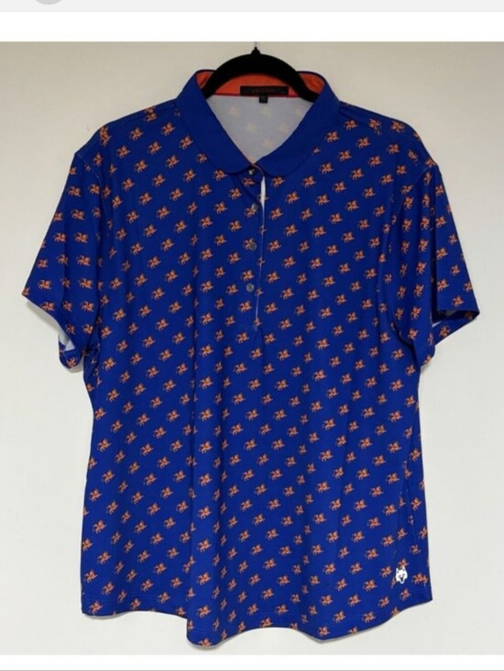Greyson Women's Blue Polo Shirt with Orange Print (NWOT)